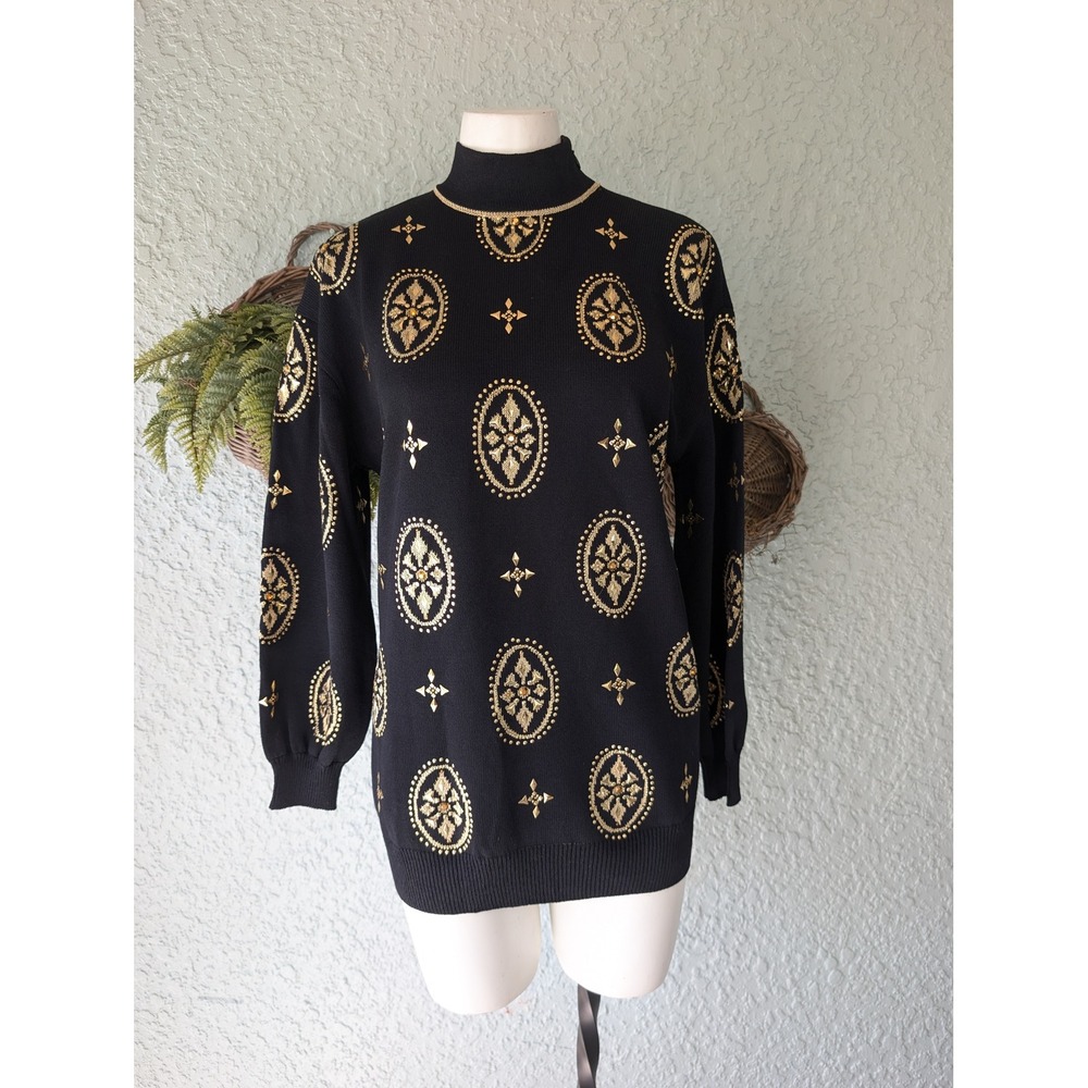 St. John Sz 2 Black & Gold Santana Knit Mock Neck Sweater with Gold Sequins